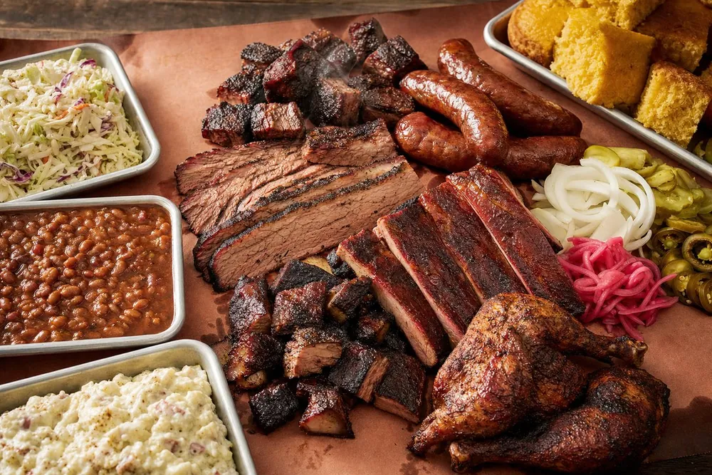 A BBQ catering spread of sliced brisket, ribs, and sausage on butcher paper